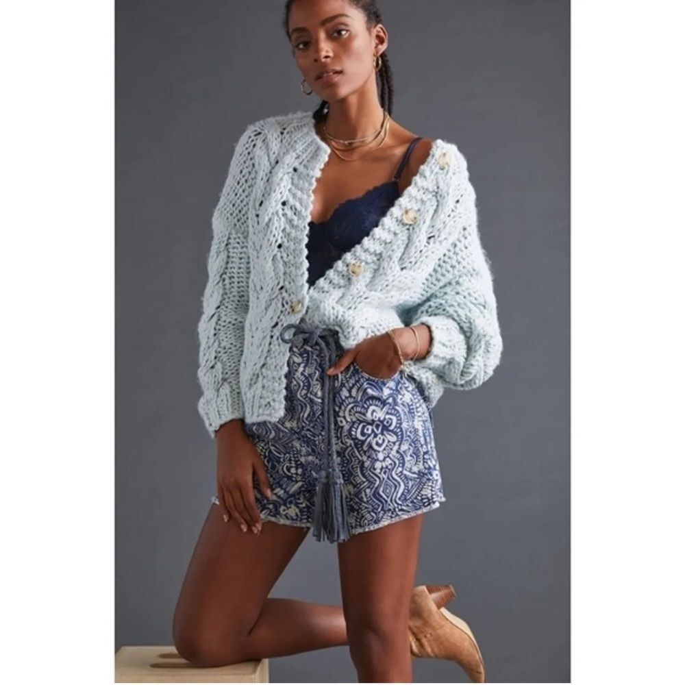 Anthropologie Blue and Cream Printed High-Waist Shorts - Picture 2 of 7